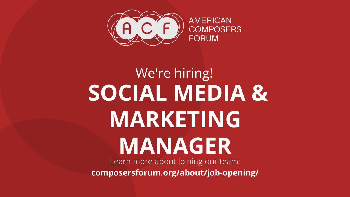 Composers Forum (@composersforum) on Twitter photo Would you or someone you know want to work for us? We are looking for a passionate and creative Social Media & Marketing Manager to join our team! The position offers $27/hour, approximately 20 hours/week and is flexible with location.
Apply now: buff.ly/4dhUzp6 Would you or someone you know want to work for us? We are looking for a passionate and creative Social Media & Marketing Manager to join our team! The position offers $27/hour, approximately 20 hours/week and is flexible with location.
Apply now: buff.ly/4dhUzp6