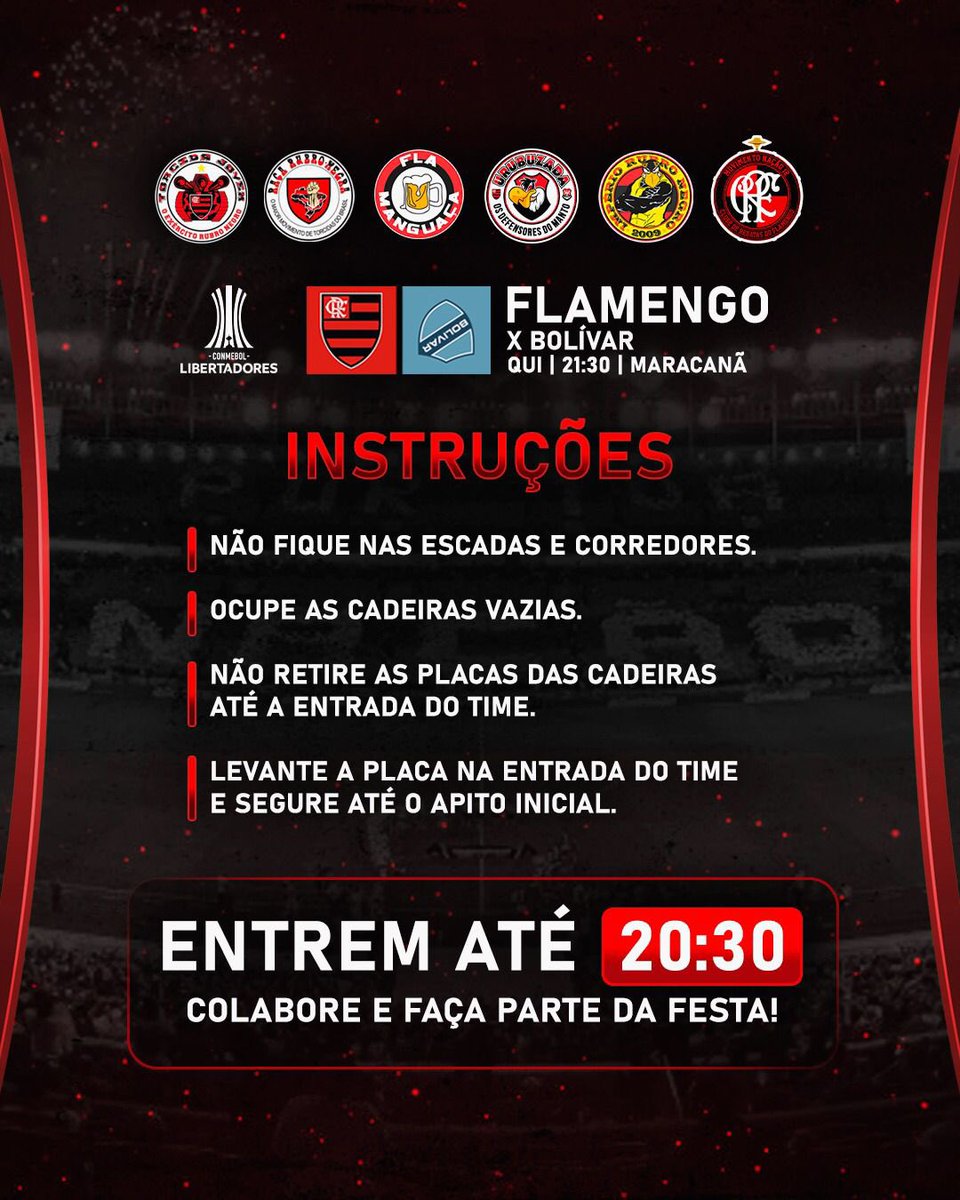 TÁ CHEGANDO A HORA 🔴⚫️

Para a festa de Quinta-feira dar certo, precisamos que todos sigam as instruções contidas na imagem abaixo e que também estarão nos versos das placas. 

É muito importante que cheguem cedo, não fiquem nas escadas e corredores, não troquem as placas de