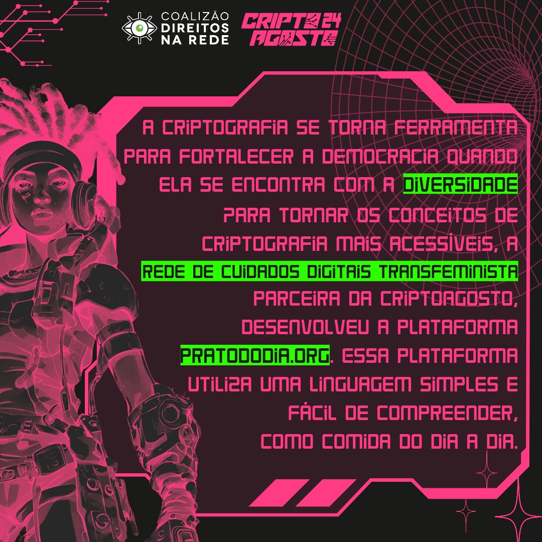 Conheça a plataforma pratododia.org daRede de Cuidados Digitais Transfeminista,  parceira da #CriptoAgosto2024 e CDR

👾👩🏽‍💻

<a href="/cdr_br/">Direitos na Rede</a>