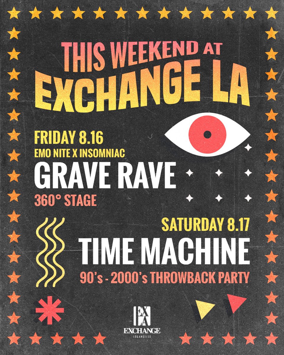 All eyes on you this weekend! 👀

This Friday, we join forces with <a href="/emonitela/">emo nite</a> for the debut of GRAVE RAVE 360°. ⛓️🥀 On Saturday, we’re taking you back to the iconic 90s-2000s with <a href="/timemachine_la/">Time Machine</a>. 🦋💿

Grab tickets while they last! → exchangela.com/events