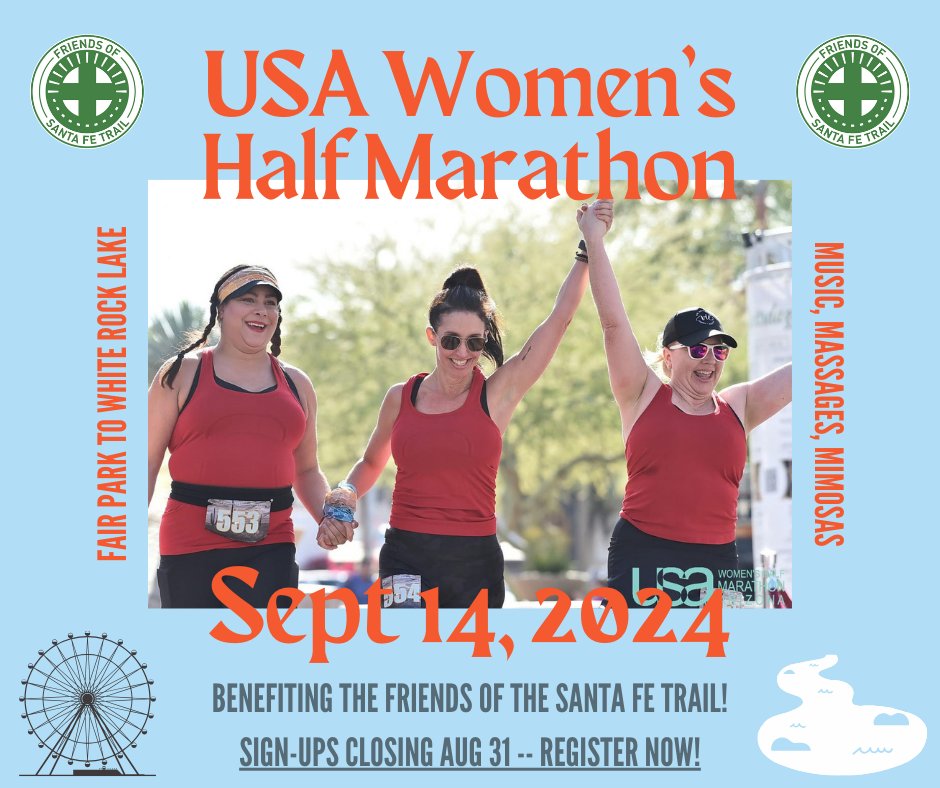 FoSFT's tweet image. We know a lot of you have already signed up, but registration is closing soon! We're excited to be partnering with USA Women's Half Marathon for this race, which will cover the entirety of the Santa Fe Trail.

Aug 31 - Signups Close
Sept 14 - Race Day

usawomensracetx.com