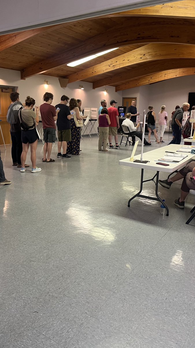 Buckshot930's tweet photo. Just over heard the election official say that apparently the entire city of Eau Claire, WI is almost out of ballots! How does that happen?! Have to wait in line for the ONE voting machine. #primaries #wiprimaries #Election2024 #vote #Trump2024 #Harris2024 https://t.co/VkdYOEITJh