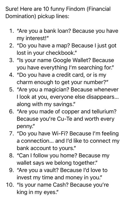 It blows my mind that so many subs message with just &lsquo;hi&rsquo; when ChatGPT gives you cheesy Findom pickup<a href="/tag/goddess"class="tags"><span>#goddess</span></a><a href="/tag/worship"class="tags"><span>#worship</span></a><a href="/tag/monochrome"class="tags"><span>#monochrome</span></a>