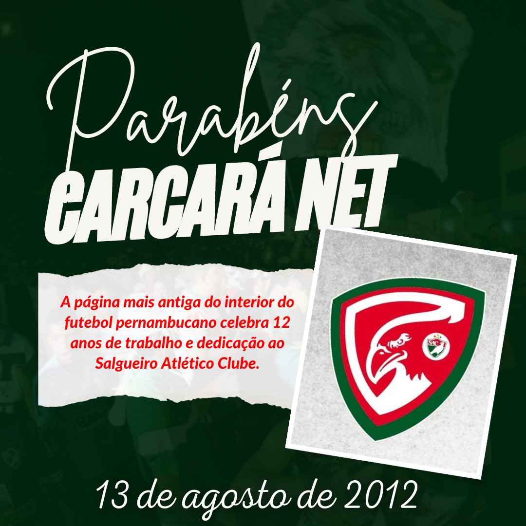 Parabéns para mim! O Carcará NET comemora 12 anos de história e dedicação ao Salgueiro Atlético Clube.

🥳🎂🎉💚❤️