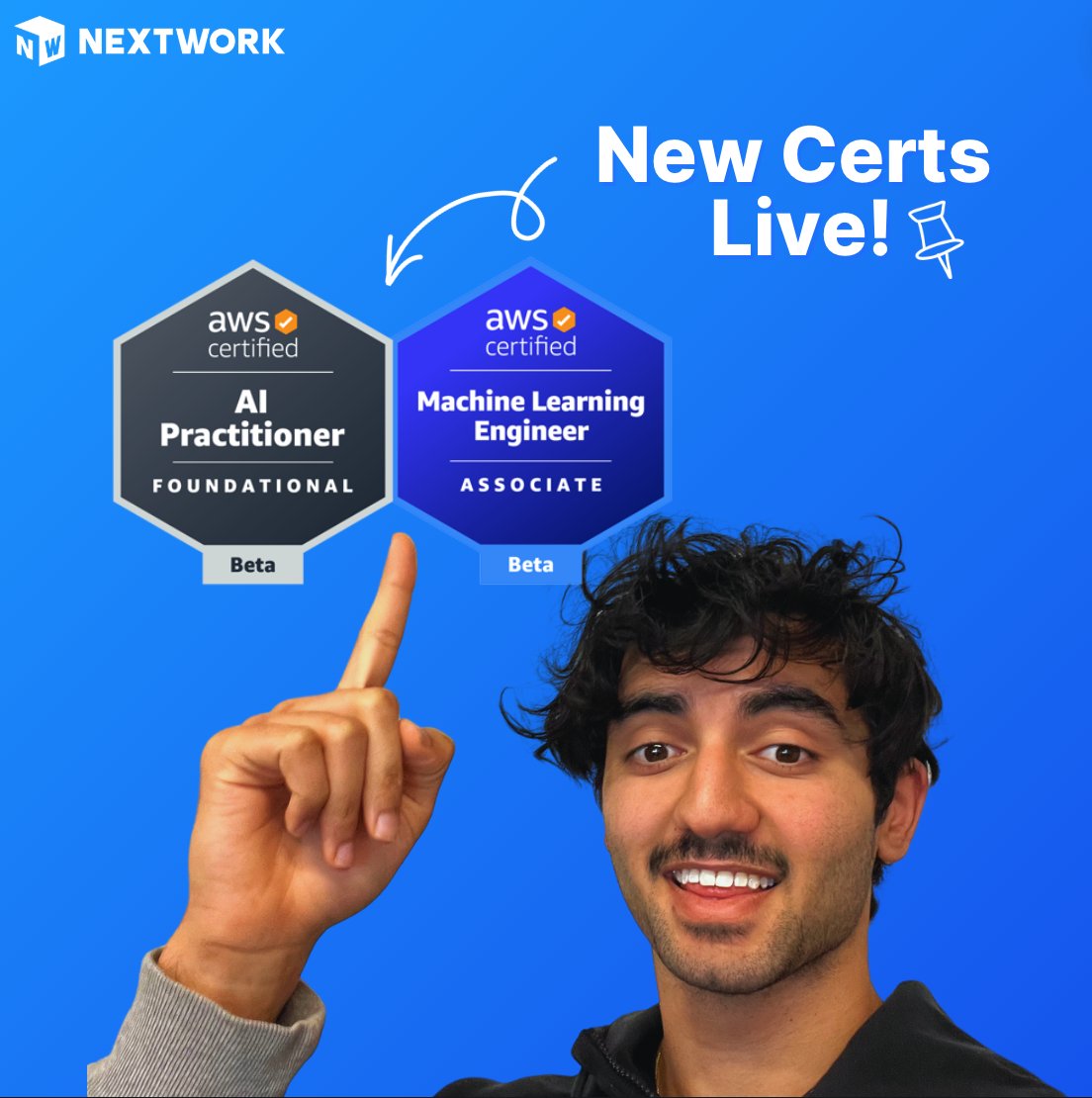 itsnextwork's tweet photo. AWS just launched 2 new beta certifications! With the AI &amp; ML market set to 13x in 6 years, these certs are a game-changer

AI Practitioner &amp; Machine Learning Engineer Associate

More info here: https://t.co/tb6H2o11YD

Repost &amp; Follow @itsnextwork for more cloud news &amp; projects https://t.co/rl9iOjZPgp