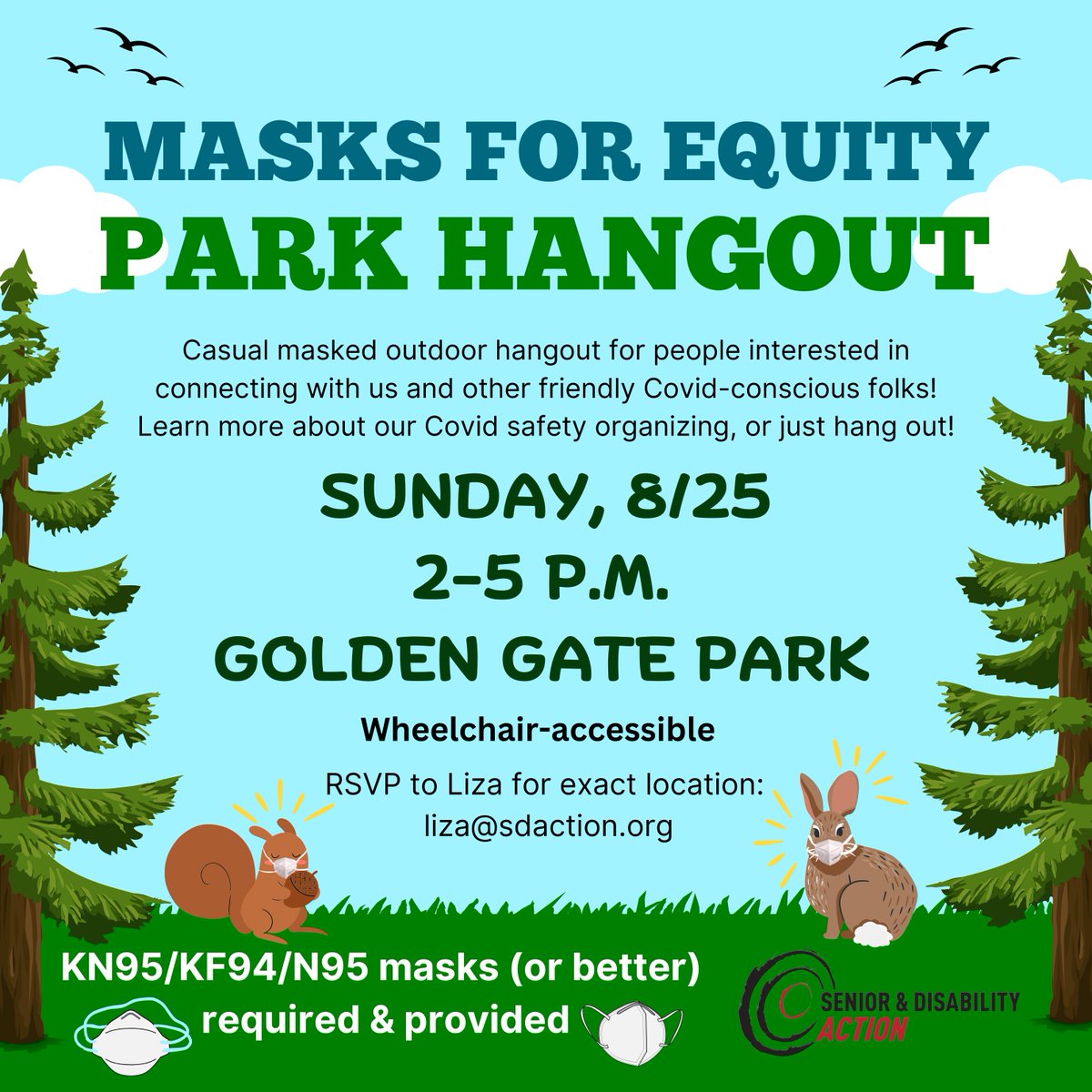 Join us for a Masks for Equity hangout!
What: Casual masked outdoor social gathering for Masks for Equity members and people interested in connecting with our Covid safety organizing. 

[1/6]