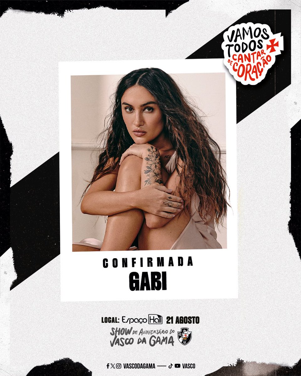 VascodaGama's tweet image. &quot;Eu vou te acompanhar, na sua primavera e no outono...&quot; 🎶

@gabrielamelim está confirmada para o show de aniversário de 126 anos do #VascoDaGama!

Vamos Todos Cantar de Coração ❤💢
💻 bit.ly/3yElUmY

🗓 21 de agosto
🕣 20h30
📍 Espaço Hall - Rio de Janeiro, RJ.