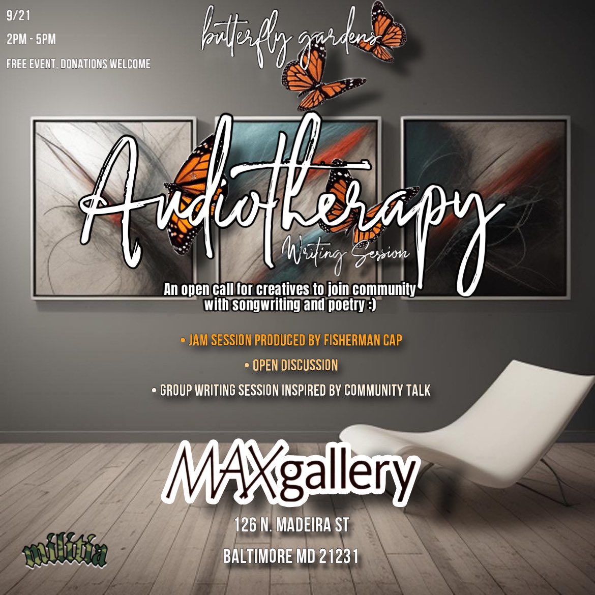 m1l171a's tweet photo. MAXgallery
Sept. 21st
2pm to 5pm
Free event, donations welcome
Sounds by @fishermancap https://t.co/ZfSkWcuA3Z