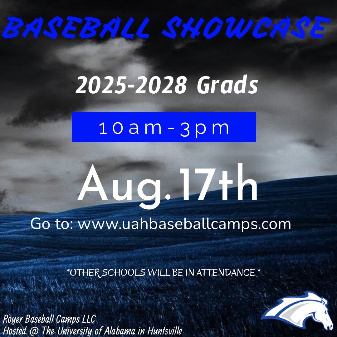 🚨REMINDER! 3 DAYS LEFT!🚨
The Prospect Showcase hosted at UAH will be Aug. 17th at Charger Park on campus! If you are interested or have any questions, please email bjh0026@uah.edu. To sign up go to: uahbaseballcamps.com