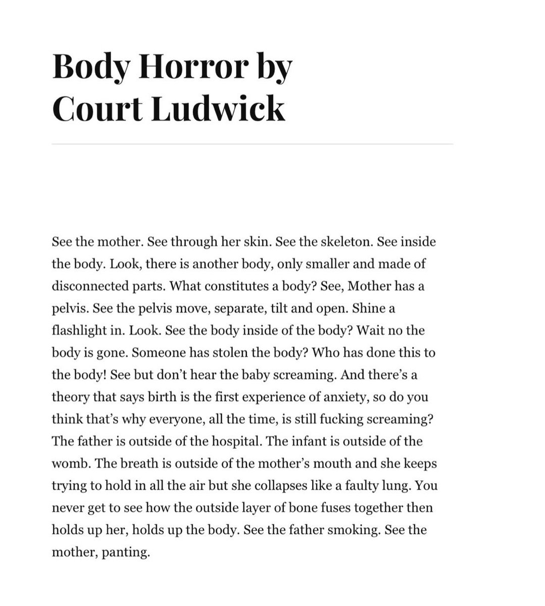 court (@courtludwick) on Twitter photo prose poem <a href="/okaydonkeymag/">Okay Donkey Magazine</a> published a while back 🤠
returning to this one as i work on my dissertation/INDEX OF BONES prose poem <a href="/okaydonkeymag/">Okay Donkey Magazine</a> published a while back 🤠
returning to this one as i work on my dissertation/INDEX OF BONES