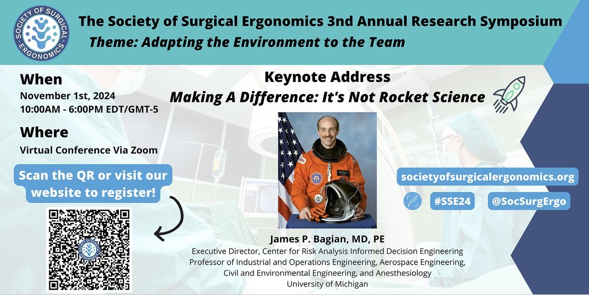JenZamudio_'s tweet image. 🚨 Registration for #SSE24 is now OPEN🚨

THRILLED to share that our keynote speaker will be @umichioe &apos;s very own James P. Bagian, MD PE - NASA astronaut 👨‍🚀, physician 👨‍⚕️, engineer 🔭, and pioneer in safety in healthcare 🏥 

Please share &amp;amp; register here:
lnkd.in/eYDTTfs6