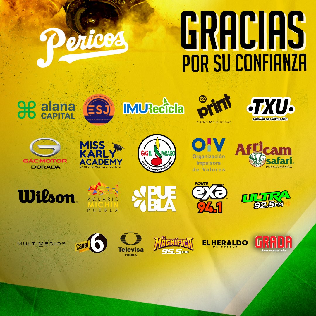 Pericos_Oficial's tweet photo. En nombre de Pericos de Puebla queremos extender un gran agradecimiento y cariño a nuestros amigos patrocinadores. 👏🏻🫂

¡Gracias por confiar en nosotros y formar parte de la Familia Emplumada! 🦜

Juntos seguiremos consiguiendo éxitos. 🙌🏻 

#SiemprePericos 💚 https://t.co/irizzIArfk