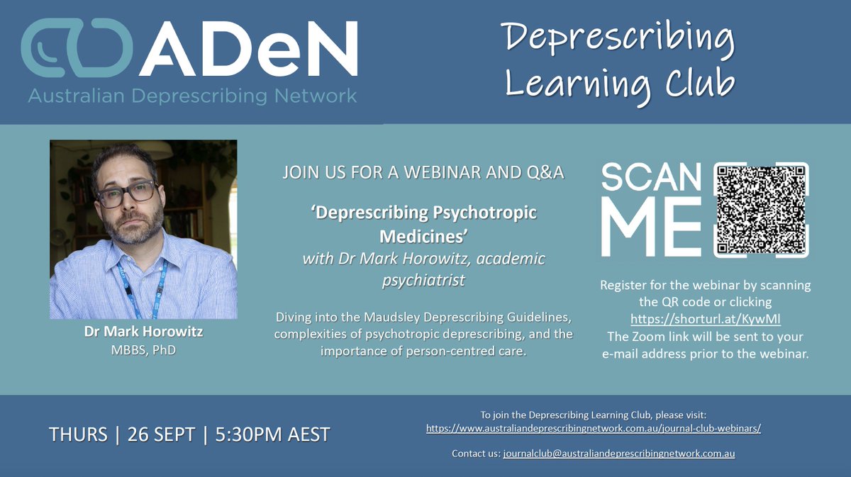 Australian Deprescribing Network (ADeN) (@deprescribeau) on Twitter photo ⏰ ADeN is proud to announce its next Deprescribing Learning Club #webinar led by Dr <a href="/markhoro/">Mark Horowitz @markhoro.bsky.social</a>
📩 Register using the QR code or link to receive your Zoom link
➡️ You don't want to miss this. For more details, check out the flyer: ⏰ ADeN is proud to announce its next Deprescribing Learning Club #webinar led by Dr <a href="/markhoro/">Mark Horowitz @markhoro.bsky.social</a>
📩 Register using the QR code or link to receive your Zoom link
➡️ You don't want to miss this. For more details, check out the flyer: