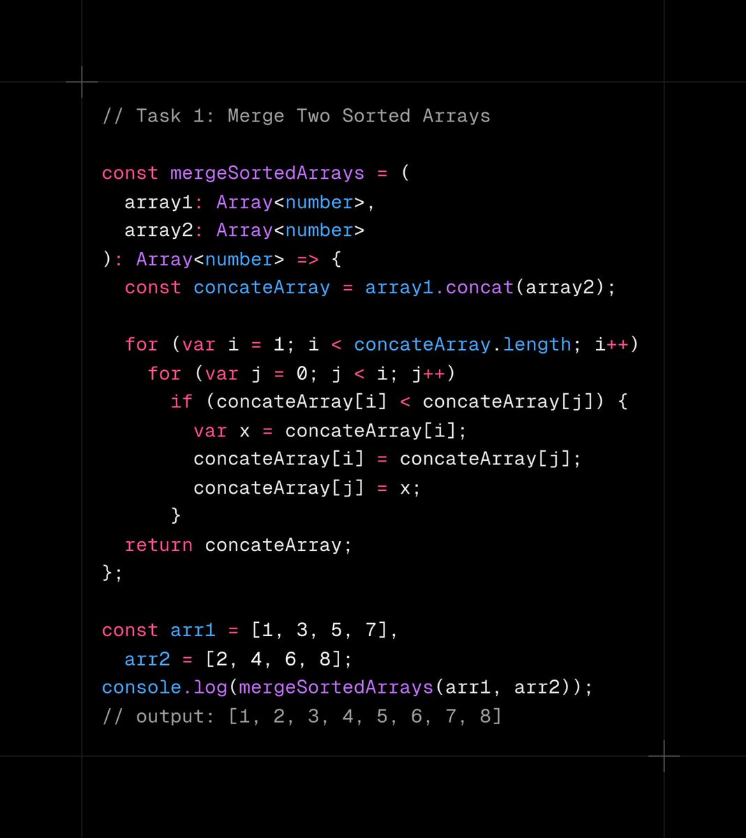 realg701's tweet image. Day 11:-
Task 1: Merge Two Sorted Arrays
Task 2: Find the First Non-Repeated Character
30 days coding challenge started by #Hello_Coders admins Kanwal Heer | Naimal Arain | Filza Khan
#Hello_Coders_Probelm_Solving_Challenge
#Problem_Solving
#From_Basic
#Challenge
#DSA