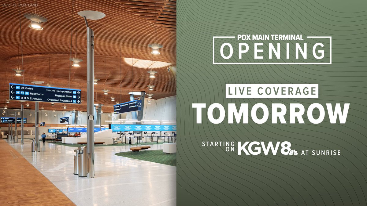 KGW News (@kgwnews) on Twitter photo After years of construction, the brand-new main terminal at Portland International Airport <a href="/flypdx/">FlyPDX</a> is finally opening! KGW will be live there all day Wednesday. Catch <a href="/ChynnaGreene/">Chynna Greene</a> live on <a href="/KGWSunrise/">KGW Sunrise</a>, and <a href="/molkoreports/">David Molko</a> throughout the afternoon starting with KGW News at 4 p.m. After years of construction, the brand-new main terminal at Portland International Airport <a href="/flypdx/">FlyPDX</a> is finally opening! KGW will be live there all day Wednesday. Catch <a href="/ChynnaGreene/">Chynna Greene</a> live on <a href="/KGWSunrise/">KGW Sunrise</a>, and <a href="/molkoreports/">David Molko</a> throughout the afternoon starting with KGW News at 4 p.m.
