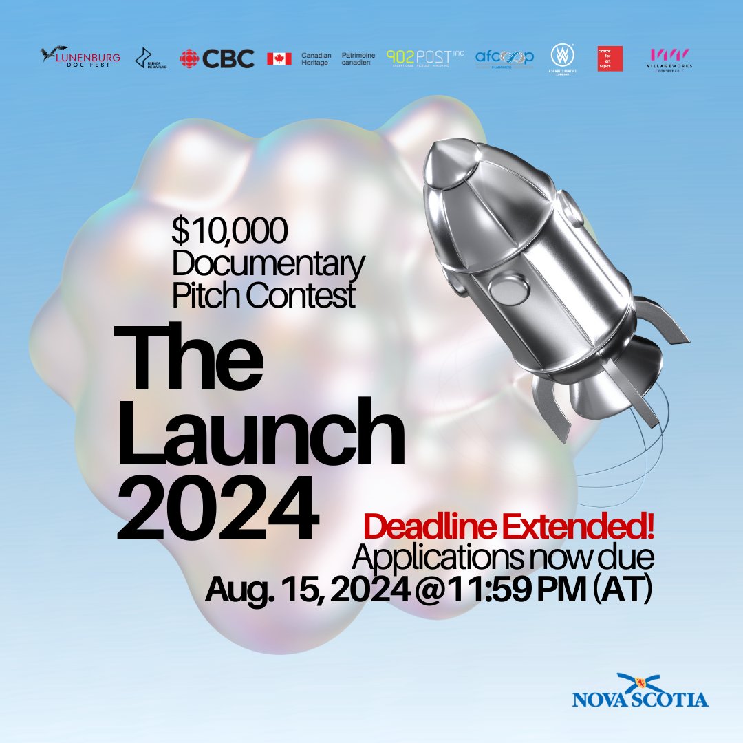 🚨📅 #TheLaunch2024 Application Deadline Extended! NS filmmakers now have until August 15 to submit a short doc idea for a chance to pitch their film and win a $10K+ prize package! Finalists get workshops, festival access &amp; more. Click for more details: tinyurl.com/352hx2kt