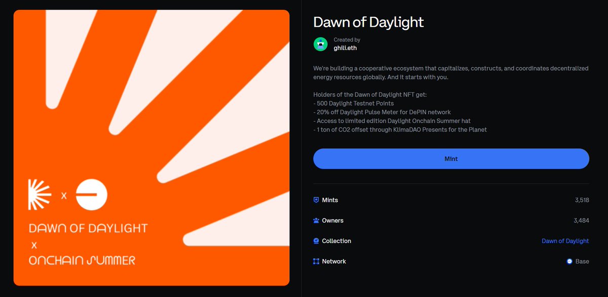 Crypto_Pranjal's tweet photo. Mint This Base Onchain Summer NFT! 🔥

"Dawn of Daylight" by @daylight

Mint here: https://t.co/9cGkP7oogn

- Price 0.0001 ETH ($0.27)
- Mint using Coinbase Wallet

Holders of this NFT will receive 500 Daylight Testnet Points and some extra perks.

After minting, visit the Onchain Summer page to claim your 500 Onchain Summer Points. And just a reminder, the Base Onchain Summer event ends on August 31st, 2024.