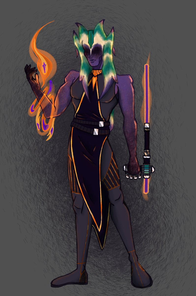 jasperdday's tweet photo. A friend of mine is running an Age of Rebellion game and this is my Togruta, Kotri Vin (formerly padawan Relen Tas)! He may or may not have learned to use force fire and accidentally blinded himself. He's fine. Sh. #StarWars #originalcharacterart #characterdesign https://t.co/2wk6ZzYTGd