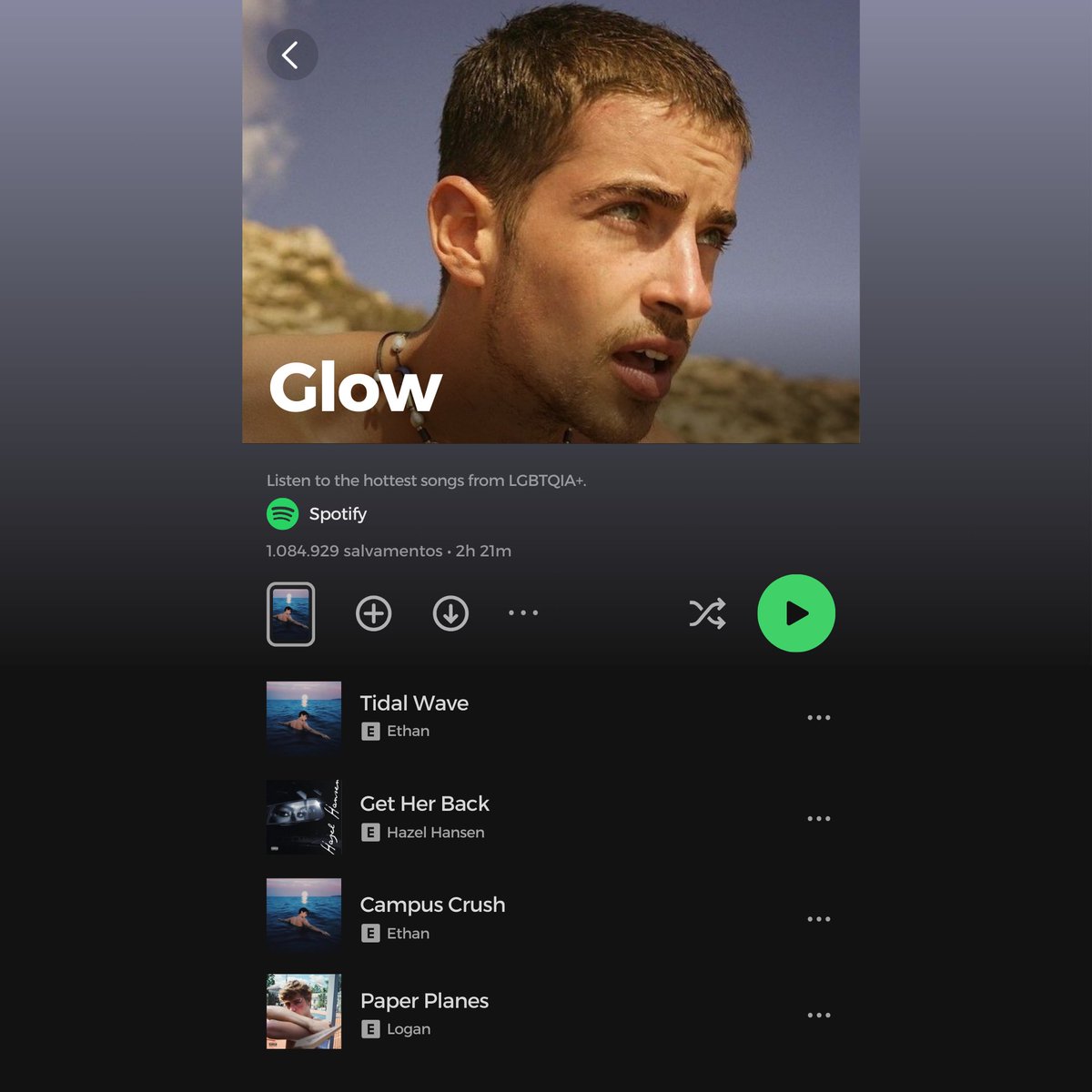 Ethan estampa a capa da playlist Glow no Spotify com “Tidal Wave” na primeira posição e “Campus Crush” na terceira.