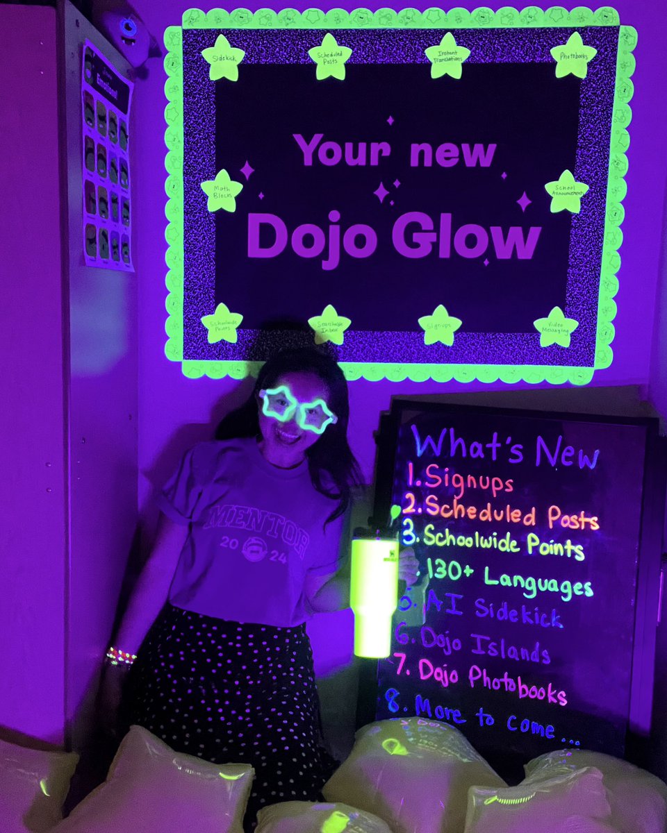 ClassDojo's tweet photo. We love a glow-up and giveaway💫
See 🧵 for what’s new at @classdojo

Reply with your fave way to get your Dojo glow on✨ 
for the opportunity to receive a neon Stanley cup! 

Bonus entry if you repost!

Also let me know if you’re a ClassDojo Mentor 😉

#backtoschool #teachers #K12