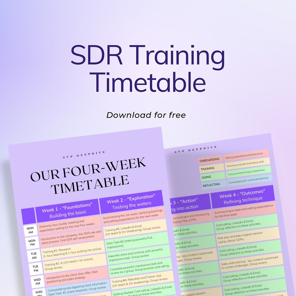 secondvoicepro's tweet image. This template provides a four-week training schedule for a new SDR - onboard them in a structured way and see the benefits.

Read more 👉 lttr.ai/AOdfU

#WeekTrainingTimetable #SdrHires #SalesTeam #TypicalTrainingSchedule #sdr #everythingoutbound