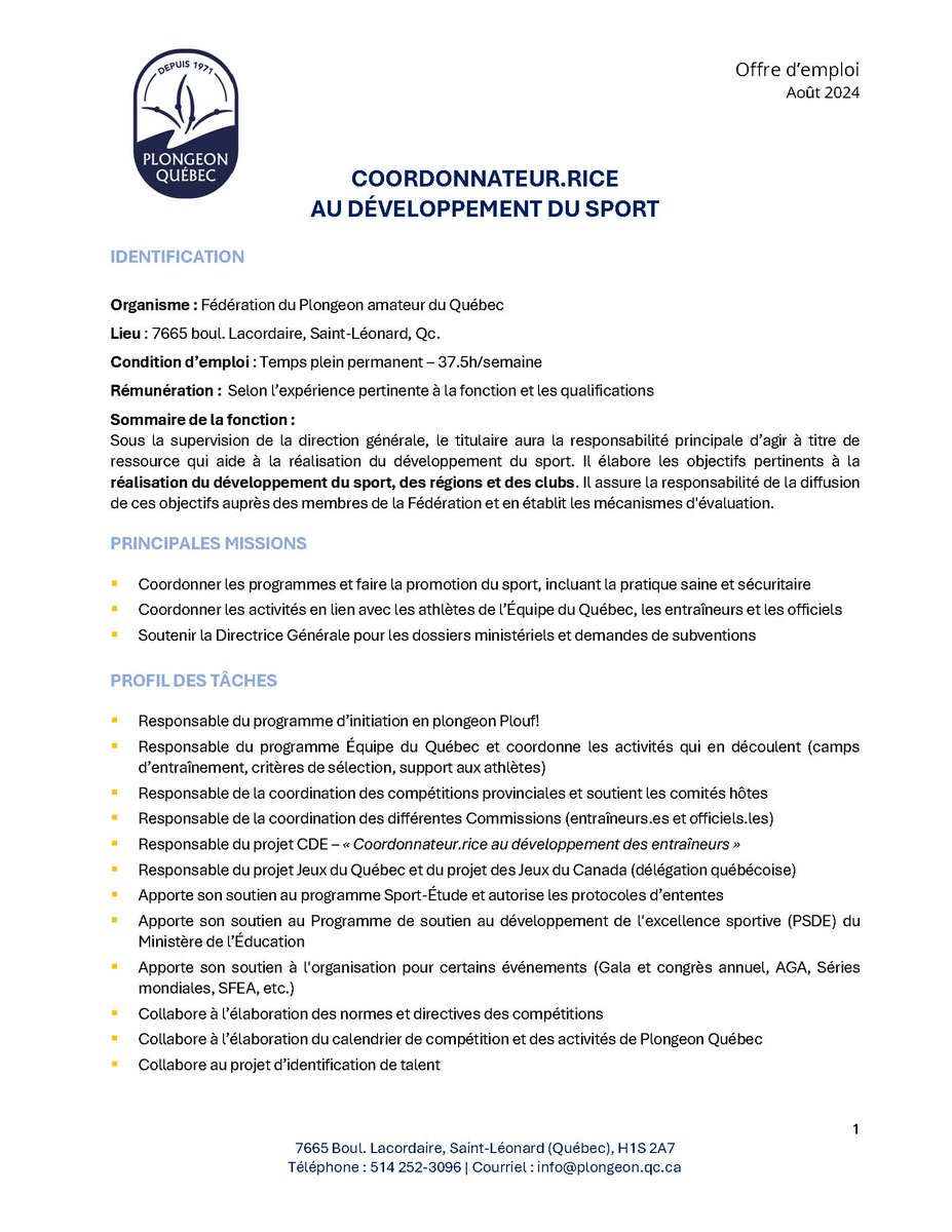Plongeon Québec (@plongeonquebec) on Twitter photo L'équipe de Plongeon Québec est à la recherche d'une nouvelle personne pour compléter l'équipe !
Soumettez vos candidatures par courriel à la Directrice générale, au plus tard le 28 août à 23h59, à direction@plongeon.qc.ca.
Tous les détails : plongeon.qc.ca/offres-emploi L'équipe de Plongeon Québec est à la recherche d'une nouvelle personne pour compléter l'équipe !
Soumettez vos candidatures par courriel à la Directrice générale, au plus tard le 28 août à 23h59, à direction@plongeon.qc.ca.
Tous les détails : plongeon.qc.ca/offres-emploi