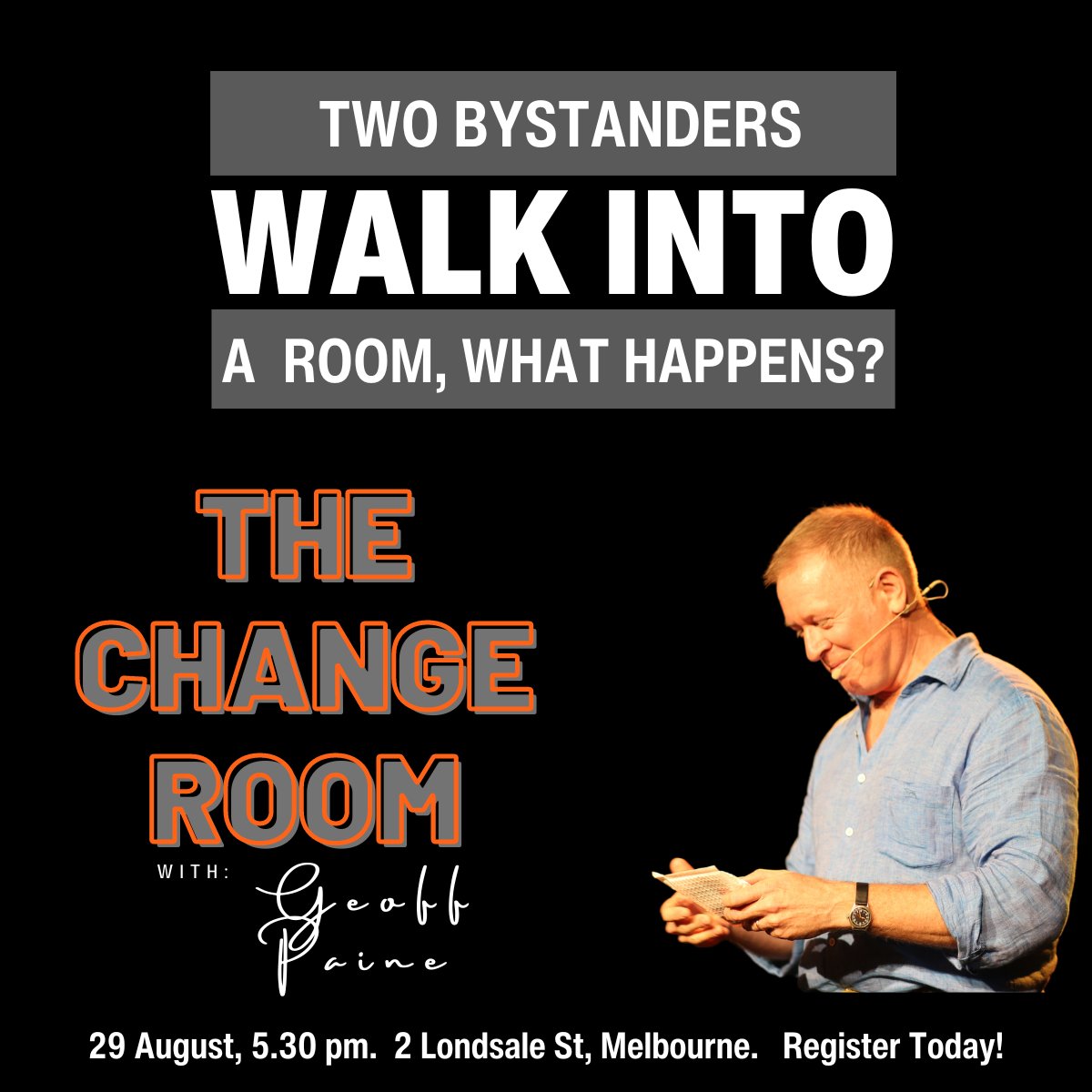 BehaviourWorksA's tweet image. Know what you're walking into at #TheChangeRoom, Aug 29, where we explore what being an Active #Bystander means (hint: you have options).

Register Now: behaviourworksaustralia.org/event/the-chan…