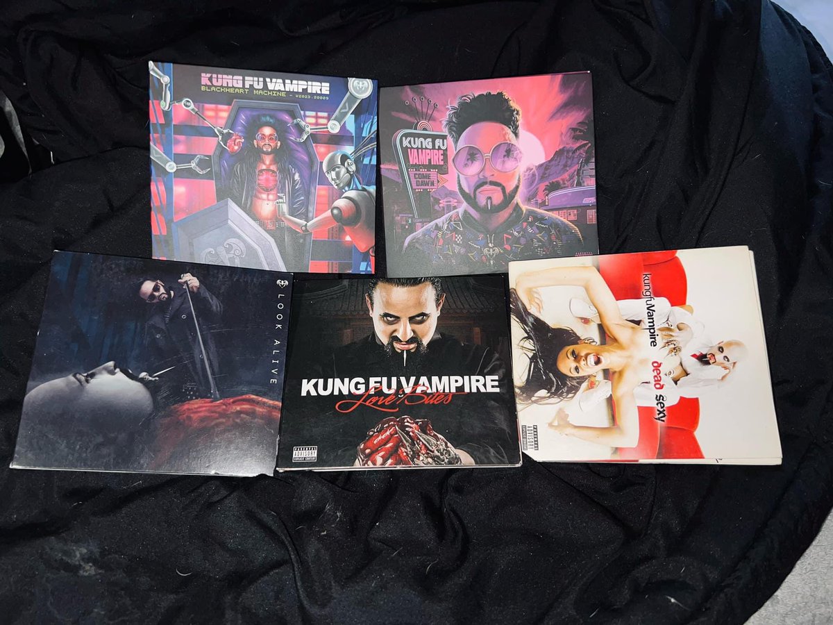 art_yoda's tweet image. Just some of my collection of albums from my carnal @KungFuVampire I suggest y’all get you some merch and attend a show near you!! Much love and respect to KFV #KFV #KungFuVampire