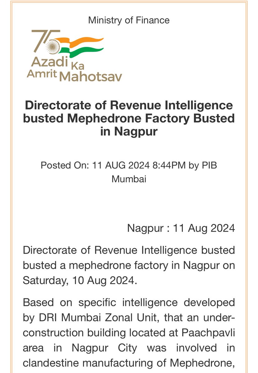 MatthewNiceUN's tweet image. ⚠️India 🇮🇳 Directorate of Revenue Intelligence @DRI_Mumbai dismantle #Mephedrone laboratory 🧪seizing 52 kg of drugs in Nagpur 10 August, by developing actionable intelligence! 

@INCB_GRIDS @INCB_ION @narcoticsbureau @UN_SheilaKamdar @cbic_india 

pib.gov.in/PressReleaseIf…