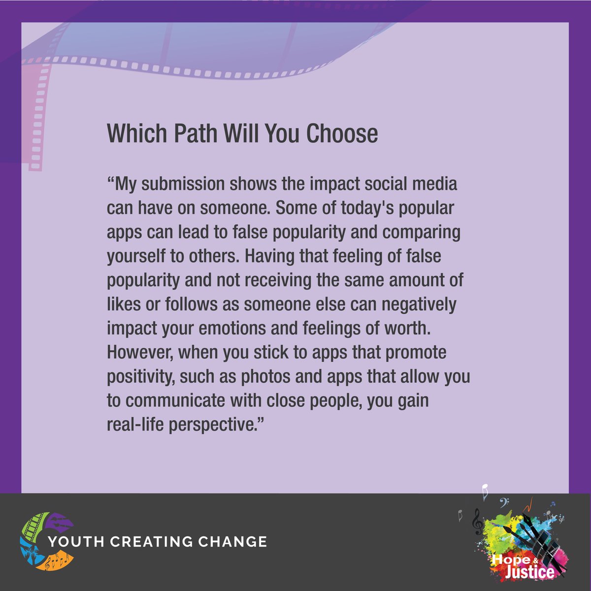“Which Path Will You Choose?” was created for our “Snap, Filter &amp; Swipe” prompt, which asked youth to show how social media can affect mental health. The artist shares that while there can be negative impacts, you can also find joy and connection on social media. <a href="/Serranoseahawks/">Serrano Intermediate</a>