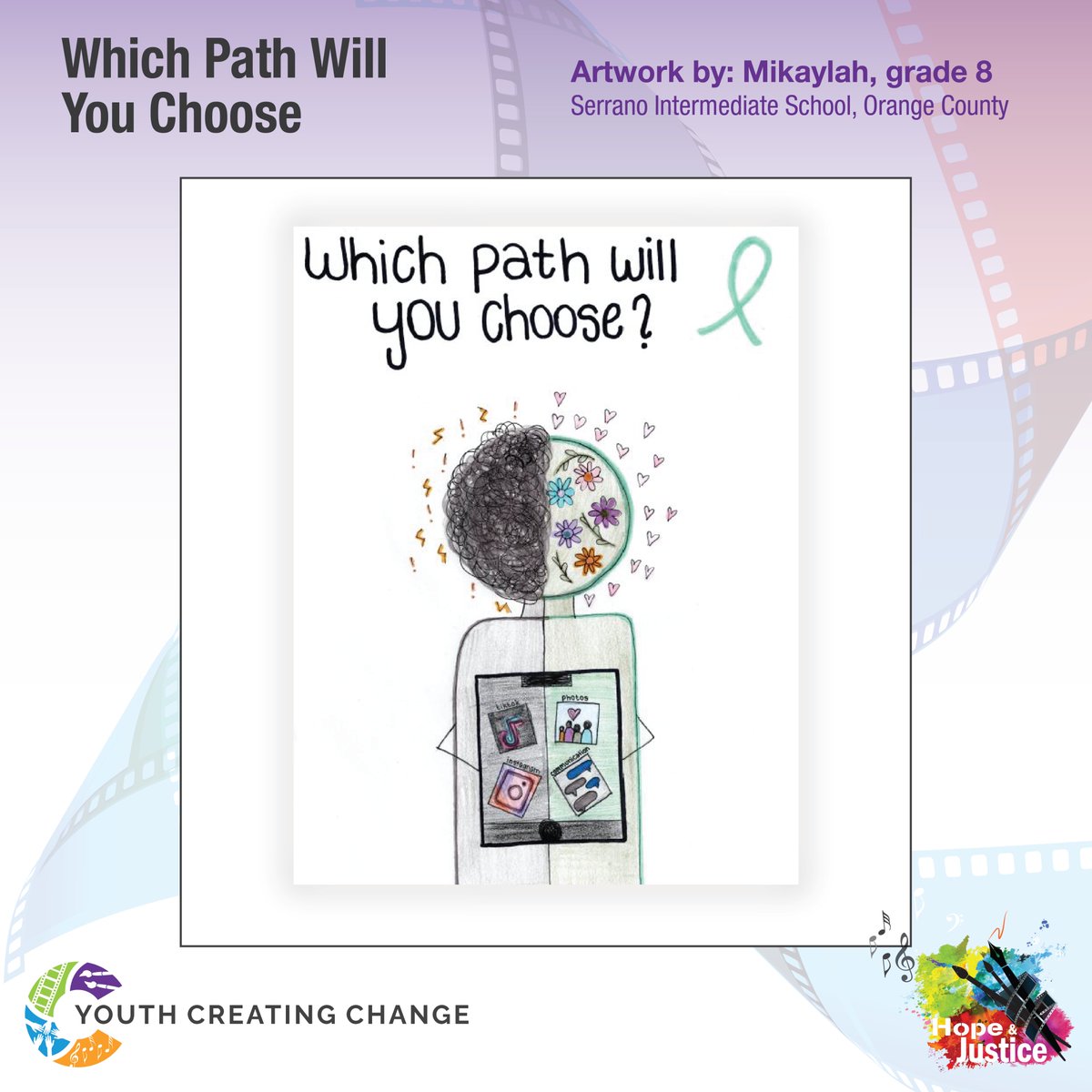 YouthCC_Org's tweet photo. “Which Path Will You Choose?” was created for our “Snap, Filter &amp; Swipe” prompt, which asked youth to show how social media can affect mental health. The artist shares that while there can be negative impacts, you can also find joy and connection on social media. @Serranoseahawks https://t.co/Ehax3w8OEe