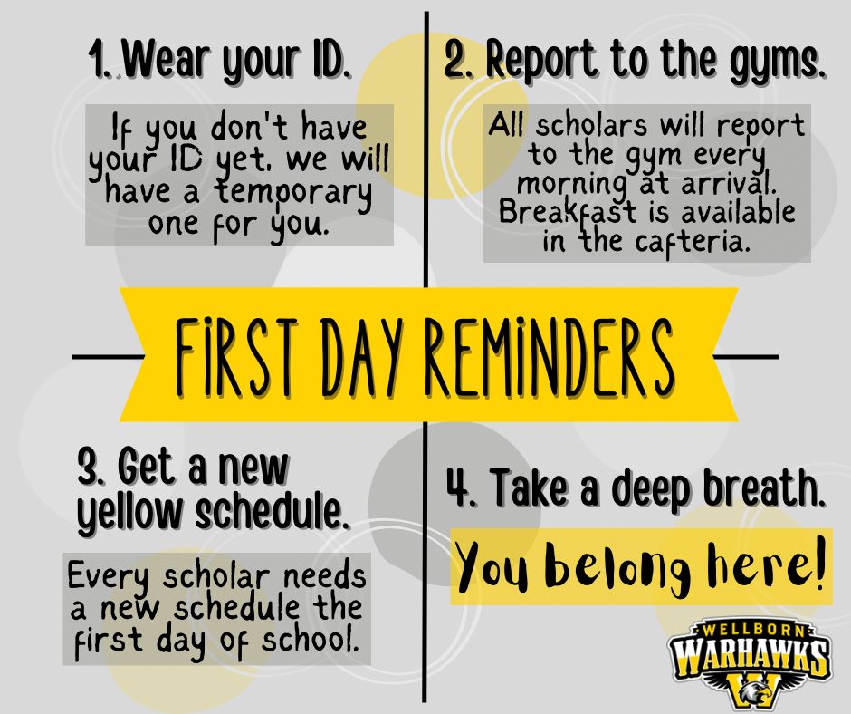 Wellborn_MS's tweet photo. Tomorrow’s the big day! 🎉 We’re thrilled to welcome our Warhawks back for the first day of school. Let’s kick off this year by cultivating good humans together. Check out the attached graphic for critical reminders to make your first day smooth. 🖤💛 #WMSwarhawks ##SuccessCSISD https://t.co/UEcT5mnRdc