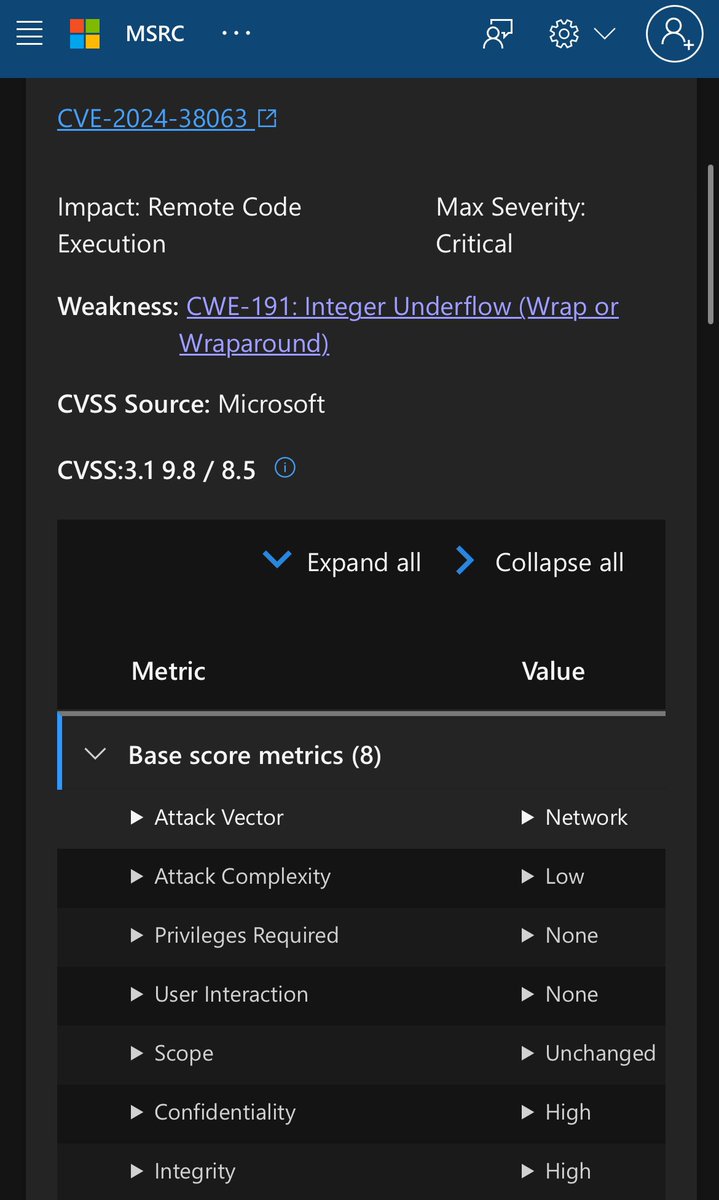 KyleHanslovan's tweet image. Anyone else side-eyeing  CVE-2024-38063 patched today? 👀  Unauthenticated RCE w/SYSTEM privs 😒. Microsoft assessed this sucker with Max criticality &amp;amp; Low attack complexity.