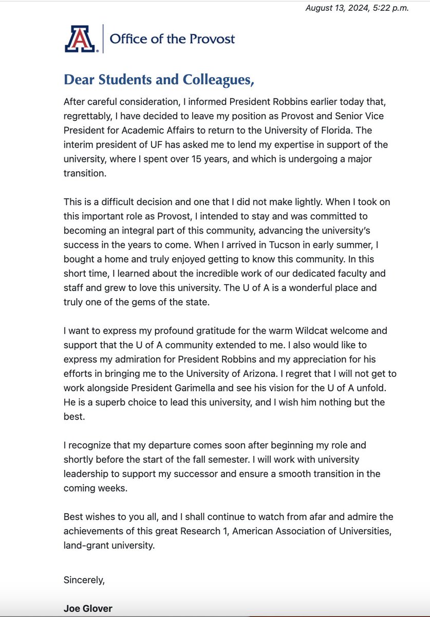 Carolina Cuellar Colmenares (@wzrd_of_lnlynss) on Twitter photo UA Provost and Senior Vice President for Academic Affairs, Joe Glover, announced his resignation just three months after starting at the university. He's returning to the University of Florida to "lend his expertise" while they're going through a "major transition" <a href="/AZLuminaria/">AZLuminaria</a> UA Provost and Senior Vice President for Academic Affairs, Joe Glover, announced his resignation just three months after starting at the university. He's returning to the University of Florida to "lend his expertise" while they're going through a "major transition" <a href="/AZLuminaria/">AZLuminaria</a>