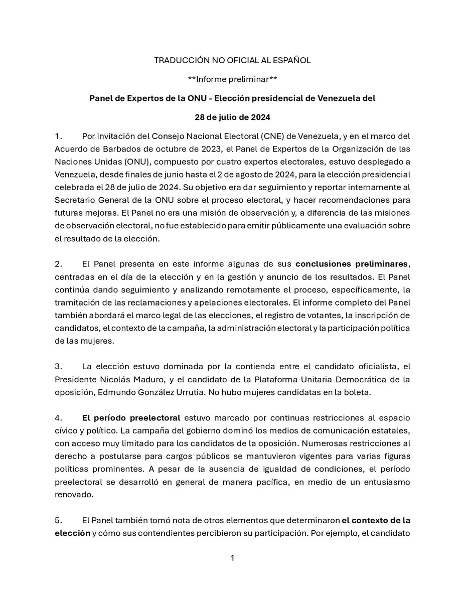ReporteYa's tweet photo. #13Ago #ONU #EleccionesVE 
Panel de expertos de la ONU que observó elecciones presidenciales en Venezuela publicó su informe preliminar sobre los comicios del #28Jul. 

"El Panel presenta en este informe algunas de sus conclusiones preliminares, centradas en el día de la elección y en la gestión y anuncio de los resultados:"