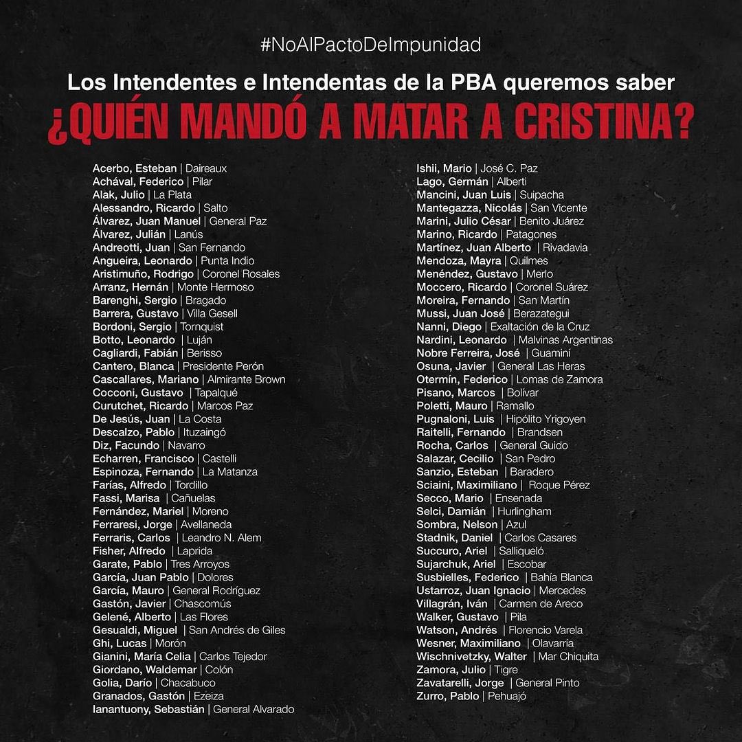marisafassi's tweet photo. ¿Quién mandó a matar a @CFKArgentina?

#NoAlPactoDeImpunidad https://t.co/x34qbtTF7v