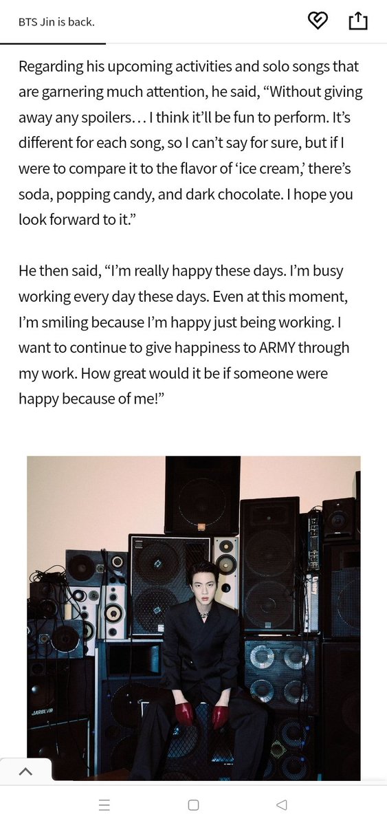 taesoothe's tweet photo. Seokjin about his upcoming solo debut album:

"Without giving away any spoilers… I think it’ll be fun to perform. It’s different for each song, so I can’t say for sure, but if I were to compare it to the flavor of ice cream, there’s soda, popping candy, and dark chocolate" https://t.co/ykQZDT5e4P