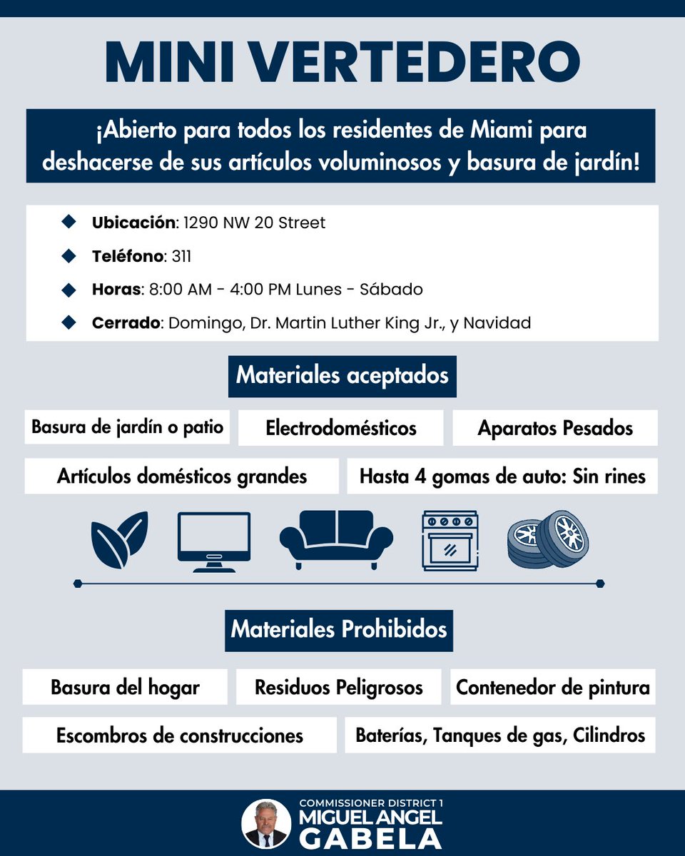 Reminder for all City of Miami residents! 🗑️ The Department of Solid Waste’s Mini Dump Facility is open six days a week for you to dispose of bulky items and yard trash. For more information, call 311 or visit miamizerowaste.com. Let’s keep our city clean and beautiful!