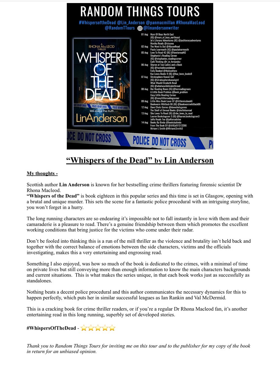 MiriamLSmith3's tweet photo. #AMothersMusingsSunderland #RhonaMacLeod #Glasgow #CrimeThriller #PoliceProcedural #ForensicScientist #AdPr
I’m helping today to close the blog tour for @Lin_Anderson‘s #WhispersOfTheDead for @RandomTTours & @panmacmillan - read my 5 star thoughts & more👇 https://t.co/KuazIrALWK