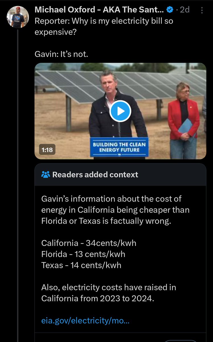 Community Notes: 

The Democrats can't help people 👇
Cost of energy:
California: 0.34 cents / kwh (DEM)
Florida: 0.13 cents / kwh (GOP)
Texas: 0.14 cents / kwh (GOP)

The Democrats don't care about people's lives; they just increase their burden.
