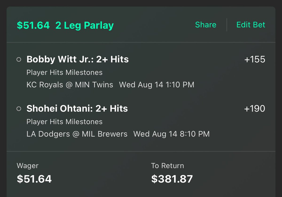 📊⚾️ Collab W/ <a href="/MJCLocks/">MJC</a> ⚾️📊

⭐️ Bobby Witt 2+ Hits 💥
⭐️ Shohei Ohtani 2+ Hits 💥
 
🎟️ (+654) via @BET365  

Wednesdays are meant for Bobby Baseball and Sho🐐 Ohtani 🤩

Please LIKE + RETWEET for us 🤞🏽

 #MLB #FreePicks