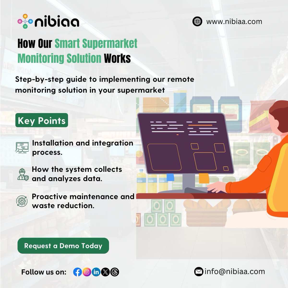 Learn how our smart supermarket monitoring solution works! Follow our step-by-step guide and start optimizing your supermarket today. calendly.com/nibiaa-sales/o… #SmartSupermarket #RetailTech #RemoteMonitoring #HowTo #SmartSolutions  #Efficiency #WasteReduction #TechGuide #Innovation