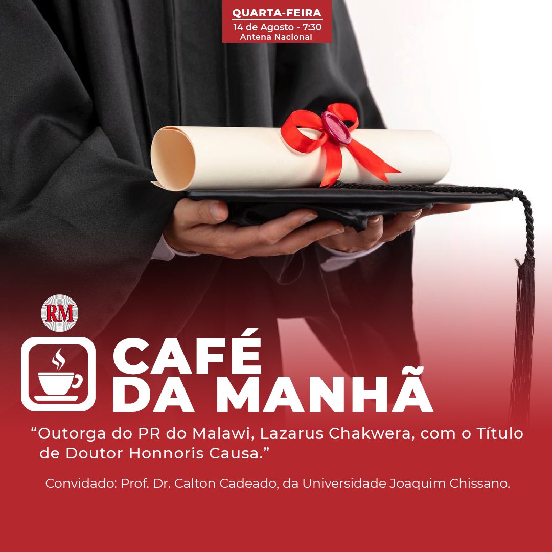 MocambiqueRadio's tweet photo. Hoje, às 07:30 horas | Antena Nacional
Maputo 92.3FM I Xai-Xai 87.8FM I Inhambane 105.1FM I Beira 96.5FM I Chimoio 102.5FM I Tete 90.7FM I Quelimane 92.1FM I Nampula 95.1FM Pemba 95.3FM I Lichinga 101.7FM

#radiomocambique #cafedamanha #outorga #presidente #malawi #doutorhonnoris https://t.co/BbxAuwRHk9