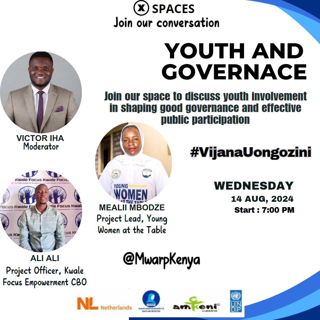Victor Iha (KIMANI) (@ihavictor) on Twitter photo Siku ni leo! Don't forget to tune in from 7pm as we venture into youth and governance in our #VijanaUongozini edition.
<a href="/MenstrualDaddy/">Menstrual Daddy</a> <a href="/mesalim_r/">Mesalim Rambo</a> @Mbodze_Mealii <a href="/MwayangaA/">Ali Mwayanga</a> <a href="/alkags/">Al Kags</a> <a href="/NdunguWainaina/">Ndung'u Wainaina</a> <a href="/21way1/">Taylor Torch</a> <a href="/mainamary254/">Mary Maina</a> <a href="/JumaPambajuma61/">pamba juma</a> <a href="/Pawa254/">PAWA254</a> <a href="/mgeninass/">SheWolf</a> <a href="/Danny_Gonah/">Emmanuel Gona</a> <a href="/CRECOKenya/">CRECO Kenya</a> Siku ni leo! Don't forget to tune in from 7pm as we venture into youth and governance in our #VijanaUongozini edition.
<a href="/MenstrualDaddy/">Menstrual Daddy</a> <a href="/mesalim_r/">Mesalim Rambo</a> @Mbodze_Mealii <a href="/MwayangaA/">Ali Mwayanga</a> <a href="/alkags/">Al Kags</a> <a href="/NdunguWainaina/">Ndung'u Wainaina</a> <a href="/21way1/">Taylor Torch</a> <a href="/mainamary254/">Mary Maina</a> <a href="/JumaPambajuma61/">pamba juma</a> <a href="/Pawa254/">PAWA254</a> <a href="/mgeninass/">SheWolf</a> <a href="/Danny_Gonah/">Emmanuel Gona</a> <a href="/CRECOKenya/">CRECO Kenya</a>