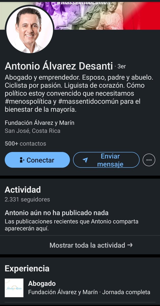 RosCasSol's tweet photo. 👇#VeVos: entro a ver si la descalabrada DESYFIN S.A. aún le pertenece a @alvarez_desanti y me llevo la sorpresa de que ahora su perfil laboral en LinkedIn dice "Abogado en la Fundación Álvarez Marín" (👇🔍ver).

🚨 ¿Cómo y desde cuándo este personaje se describe laboralmente como "Abogado de Fundación", cuando se le conoce desde hace décadas como vividor político, financista partidario, arrendador onerosísimo del Estado; latifundista bananero acusado de prácticas salvajistas en el huracán Otto y depredador territorial de comunidades indígenas panameñas?

(🚩Ver aquí parte documentada de su "curriculum de vergüenzas": https://t.co/Df3YQpB2vO.)

🔥 Y además: sabiendo que la Ley de Fundaciones dispone que estas son entes privados de utilidad pública, creados para el bien social, sin fines de lucro y cuyo patrimonio debe ser propio, PERO que pueden recibir fondos públicos (momento en el cual las fiscaliza la @cgrcostarica), me pregunto cómo habrá sido el escrutinio de doña Marta Acosta a "tan altruista plataforma" (cough cough) de la familia Álvarez Marín.

(🚩Nótese que la descripción de la Fundación en dicha red dice "Álvarez y Marin fue fundada el 21 de junio de 1982", pero omite decir si esta fecha corresponde a la conformación de la Fundación-en mi opinión, desconocida, pues en mi vida había oído hablar del tal programa "Becas Deslumbrantes"- o del Grupo Álvarez Marín -dueño de varias empresas bananeras y de otros giros comerciales-, y es importante también transparentar la separación entre ambas por el tema de las exenciones que puede recibir una Fundación.)

📢 En fin: todo un camaleón nos resultó don @alvarez_desanti.