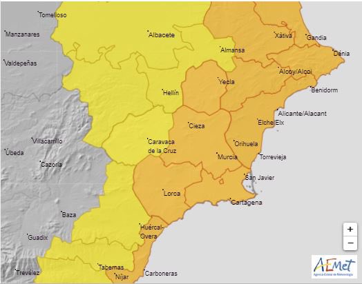 Meteorología <a href="/AEMET_Esp/">AEMET</a>  actualiza aviso de fenómeno adverso nivel naranja-amarillo por lluvias y tormentas mañana miércoles en la #RegióndeMurcia

⛈️ noticias.112rmurcia.es/?T62xL