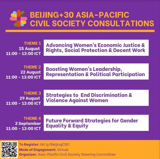 ✊Join the Movement for Gender Equality!
As a member of the Steering Committee, APA is excited to announce the #Beijing30 Asia-Pacific Civil Society virtual consultations from 15 Aug - 3 Sept 2024!
Register today👉 bit.ly/BeijingCSO
#GenderEquality #FeministAction #BPfA30