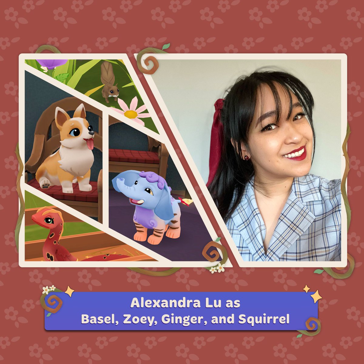🌸 MEET ALEXANDRA LU 🌸

Our very own lovely Alexandra is the talent behind the sounds for all our lovely new creatures - including our squirrels!

When she is not lending her voice to these adorable beasts, she is doing amazing work in QA and game design! 🎮