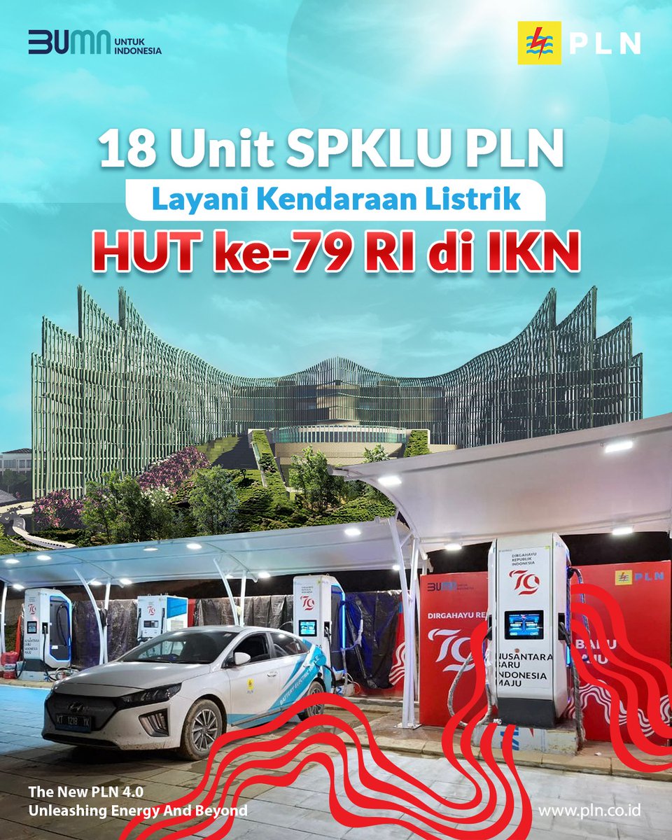_pln_id's tweet photo. Electrizen, PLN menyiagakan 18 unit Stasiun Pengisian Kendaraan Listrik Umum (SPKLU) untuk mendukung penggunaan kendaraan listrik pada peringatan HUT ke-79 Republik Indonesia di Ibu Kota Negara (IKN) Nusantara.

#PLNSiagaHUTRIIKN #PLNSukseskanUpacaraIKN https://t.co/UwFlorBtyr