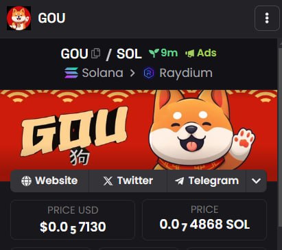 Gou_solana's tweet photo. GOU ADS LIVE SMASH DEX ROCKET

https://t.co/nfgTfmNP5r

#Gou #狗 #memecoin #solana #x10000 https://t.co/nCeFTTpA53